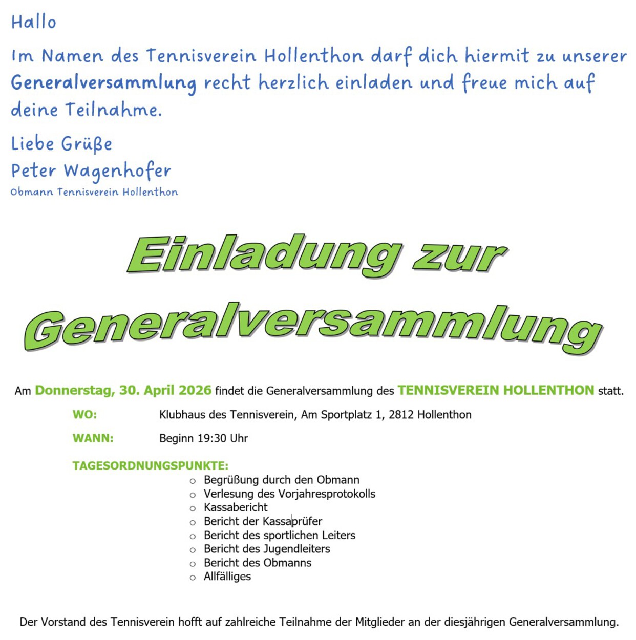 Einladung Generalversammlung - Donnerstag 30. April 2026 um 19:30 Uhr im Klubhaus
